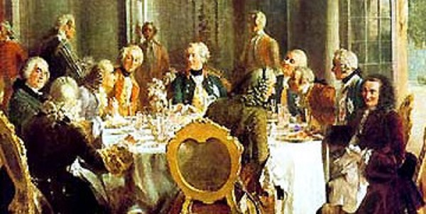 Die Tafelrunde by Adolph von Menzel. The oval domed "Marble Hall" in Sanssouci, the summer palace of Frederic the Great, is the principal reception room of the palace. On the left side, in the purple coat, sits Voltaire; the other guests are Casanova, Marquis d'Argens, La Mettrie, the Keiths, Von Rothenburg, Von Stille and Francesco Algarotti